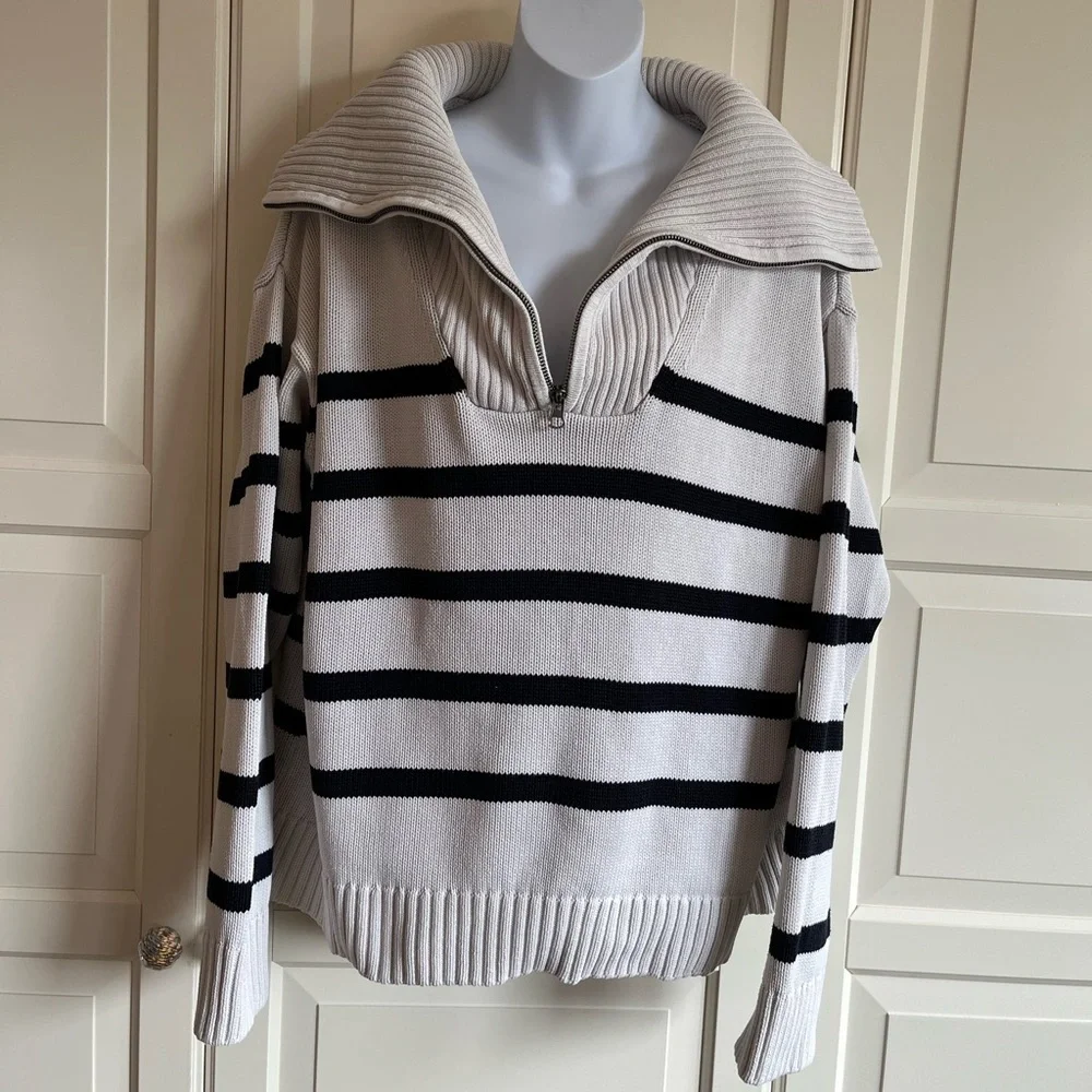 Zara Quarter Zip Striped oversize  Sweater Black and Whitish Taupe Size Medium - Picture 7 of 14